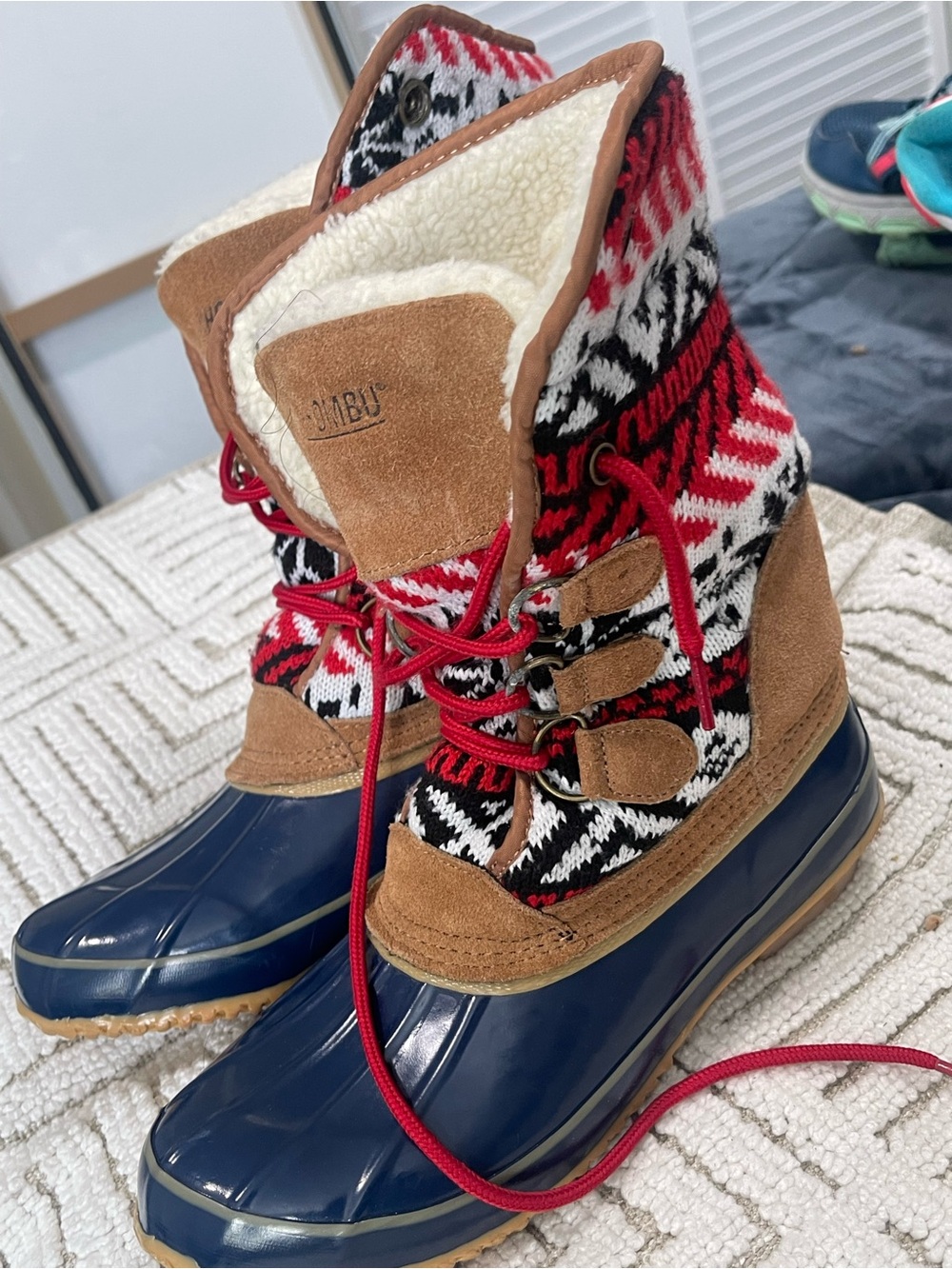 Khombu Navy, Red & Brown Insulated Winter Duck Boots